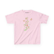 Pink t-shirt with floral design on a white background