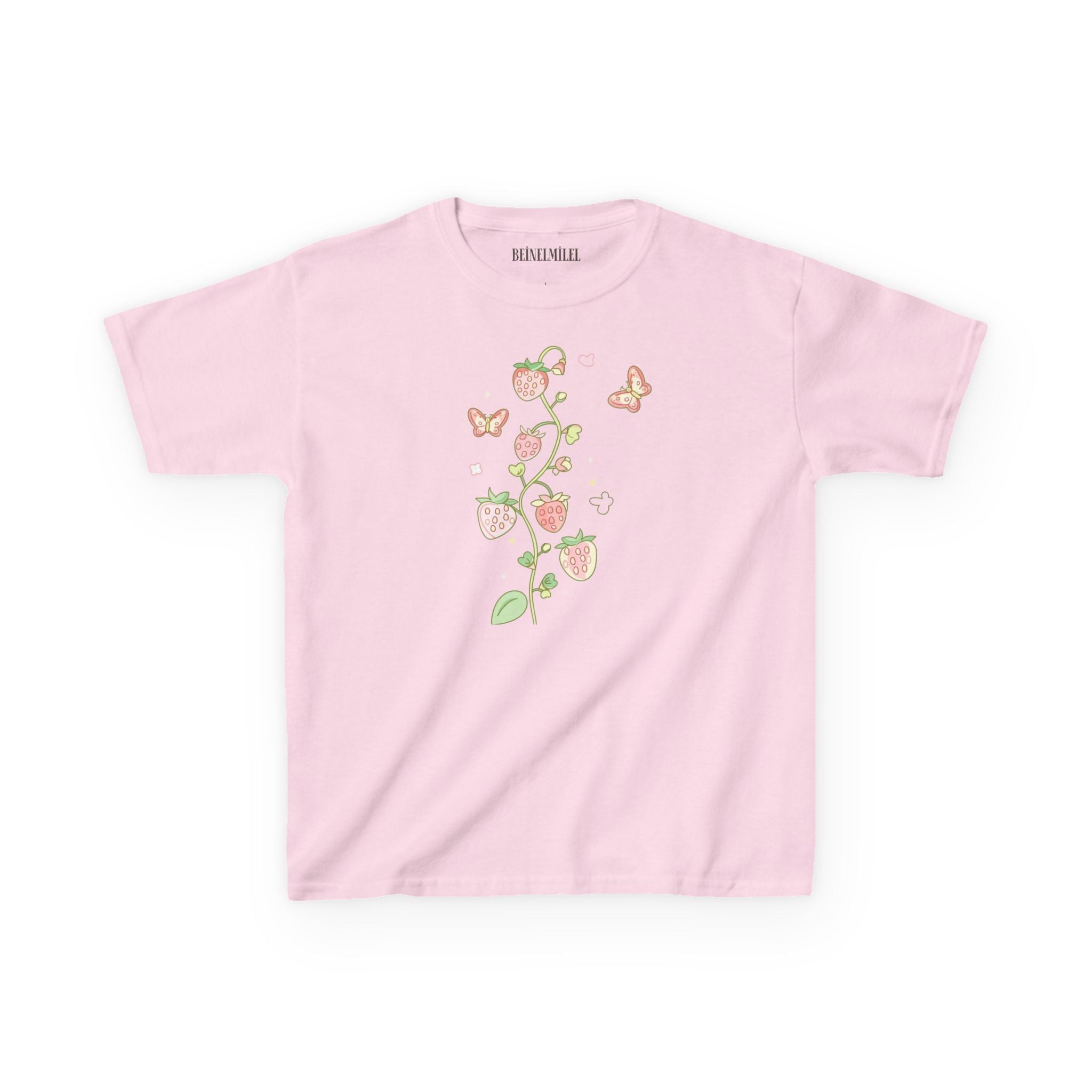 Pink t-shirt with floral design on a white background